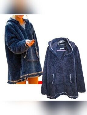 NATURAL LIFE O/S Oversized Navy Blue Teddy Fuzzy Boho Pullover Hoodie Parka Coat